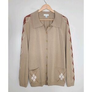 ST. JOHN Sport Santana Knit Beige Wool Blend Argyle Diamond Cardigan Sweater XL